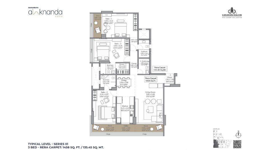 Gurukrupa-Alaknanda-Floor-Plan-3 BHK-1458 Sqft-Type-1
